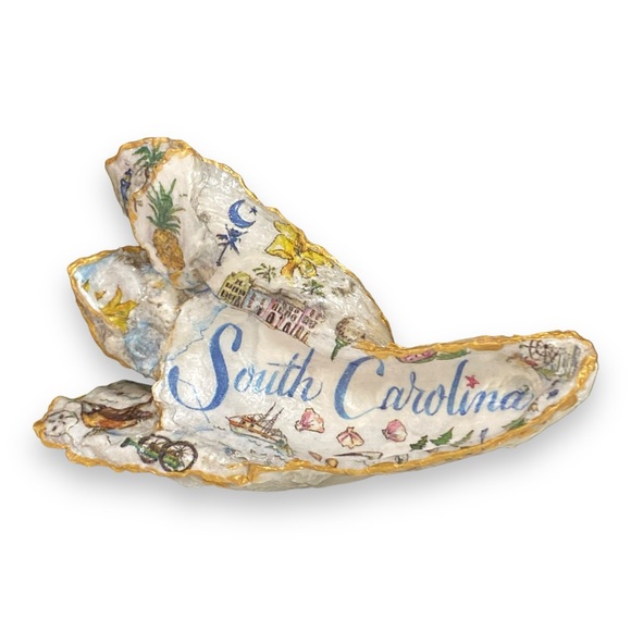 FREE WITH $50 PURCHASE SOUTH CAROLINA DECOUPAGE OYSTER SHELL TRINKET, RING DISH - Picture 2 of 9